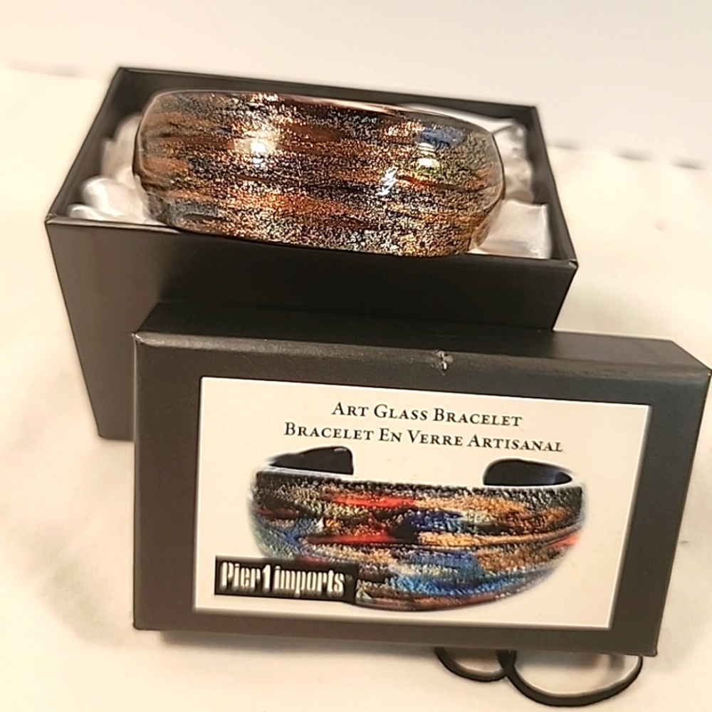 Pier 1 Imports Art Glass Cuff Bracelet Copper Metallic Iridescent Gift Box